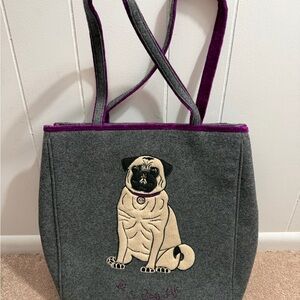 Lulu Guinness Gray Tote with Purple Accents and Pug Design